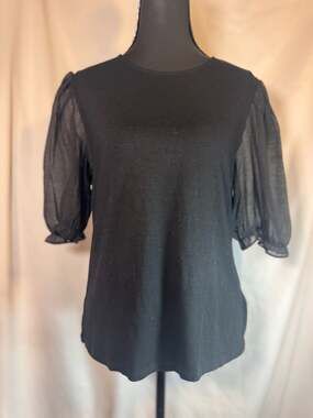 Madewell Sheer-Sleeve Knit Puff Sleeve Top in True Black